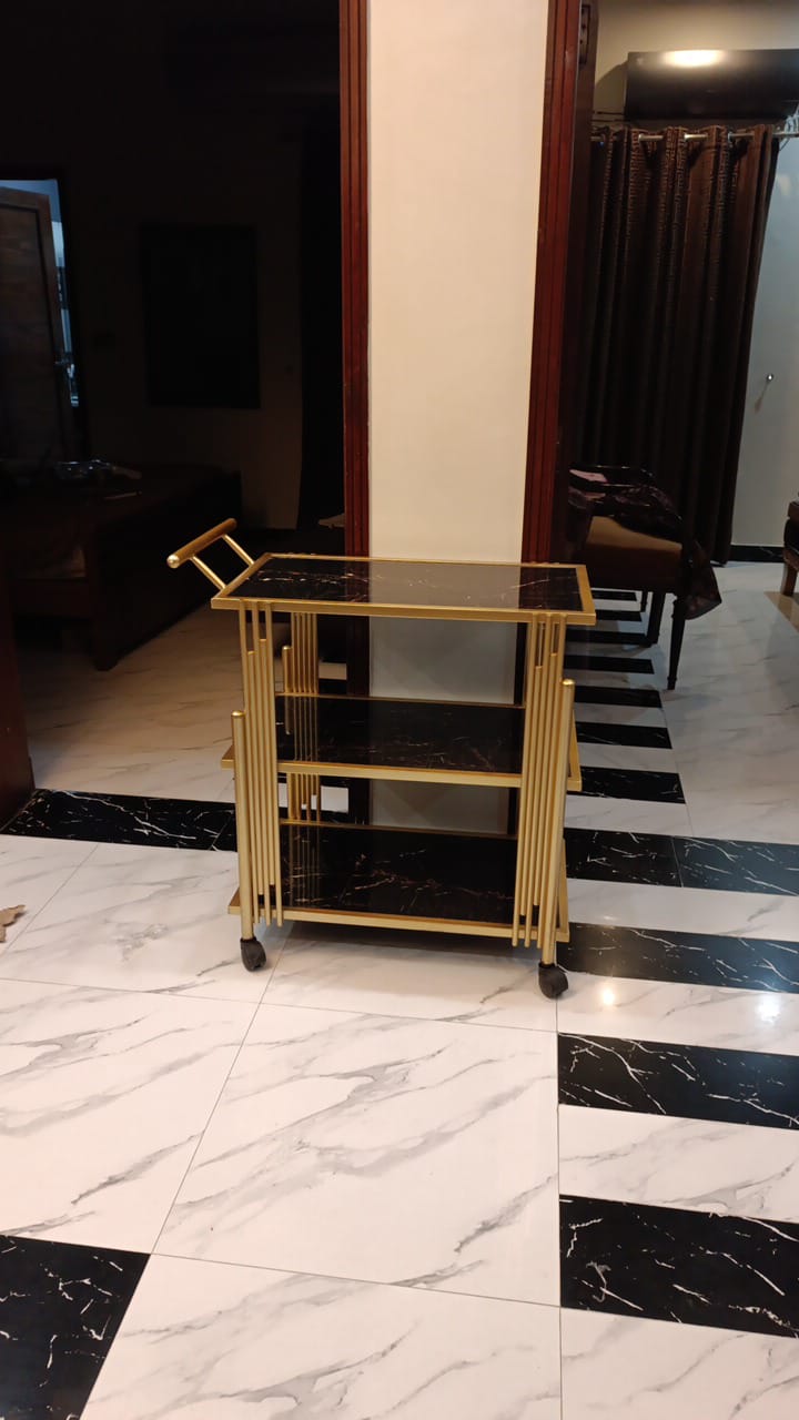 Wooden uv gloss sheet waterproof slides with metal stainless steel rods tea trolley